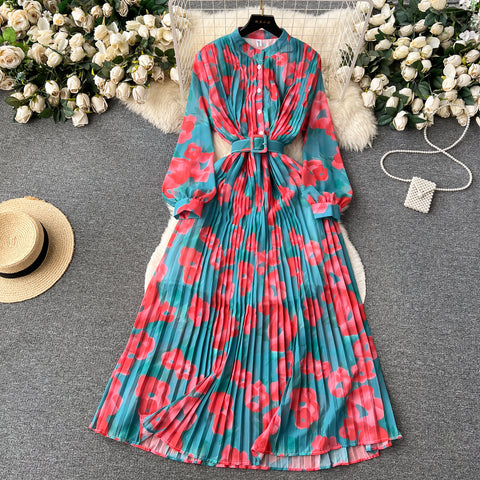 Pleated Floral Printed Shirt Dress