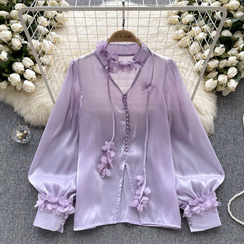 Courtly Mesh Satin Shirt with Ribbons