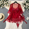 See-through Lace Cardigan&Slip Dress 2Pcs