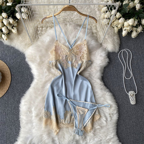 V-neck Lace Trim Slip Lounge Dress
