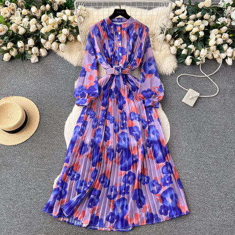 Pleated Floral Printed Shirt Dress