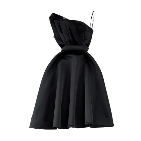 Backless Slash-collar Pleated A-line Dress