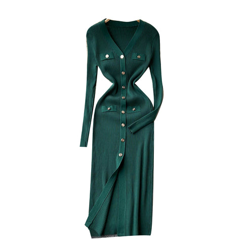 Elegant V-neck Long Sleeve Knitted Dress