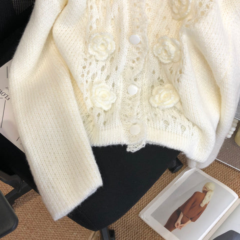 Hand Crocheted Floral White Cardigan