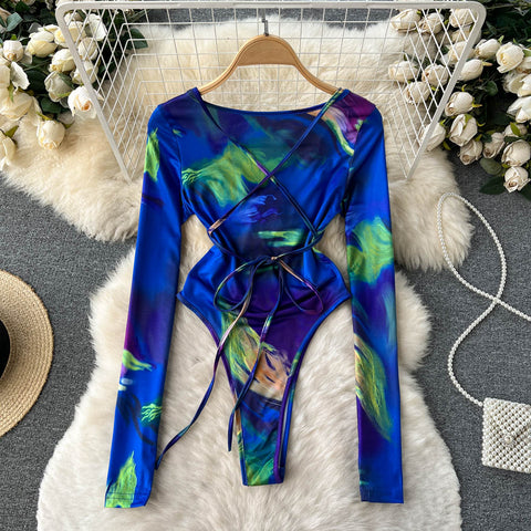 Tie-dye Lace-up Long-sleeved Jumpsuit