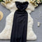 Furry Trim Waist-slimming Black Dress