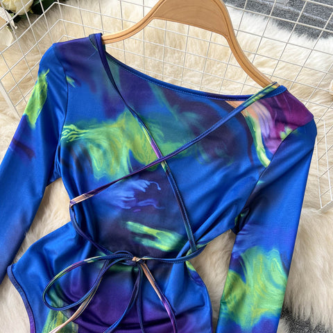 Tie-dye Lace-up Long-sleeved Jumpsuit