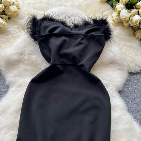 Furry Trim Waist-slimming Black Dress