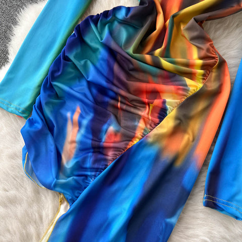 Asymmetrical Colourful Printed Slim-fit Dress