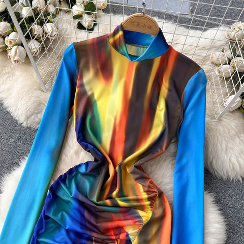 Asymmetrical Colourful Printed Slim-fit Dress