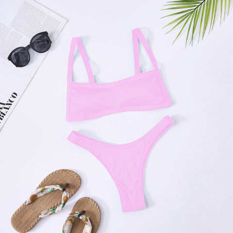 Solid-color Ribbed Backless Split Swimsuit