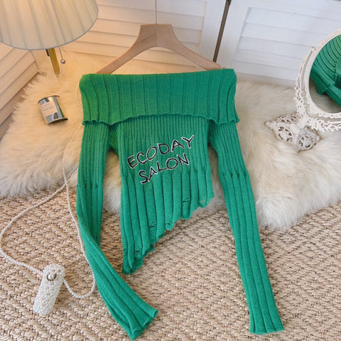 Off-the-shoulder Asymmetry Letter Knitted Sweater