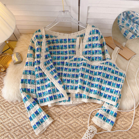 Crocheted Knitted Cardigan&Camisole 2Pcs