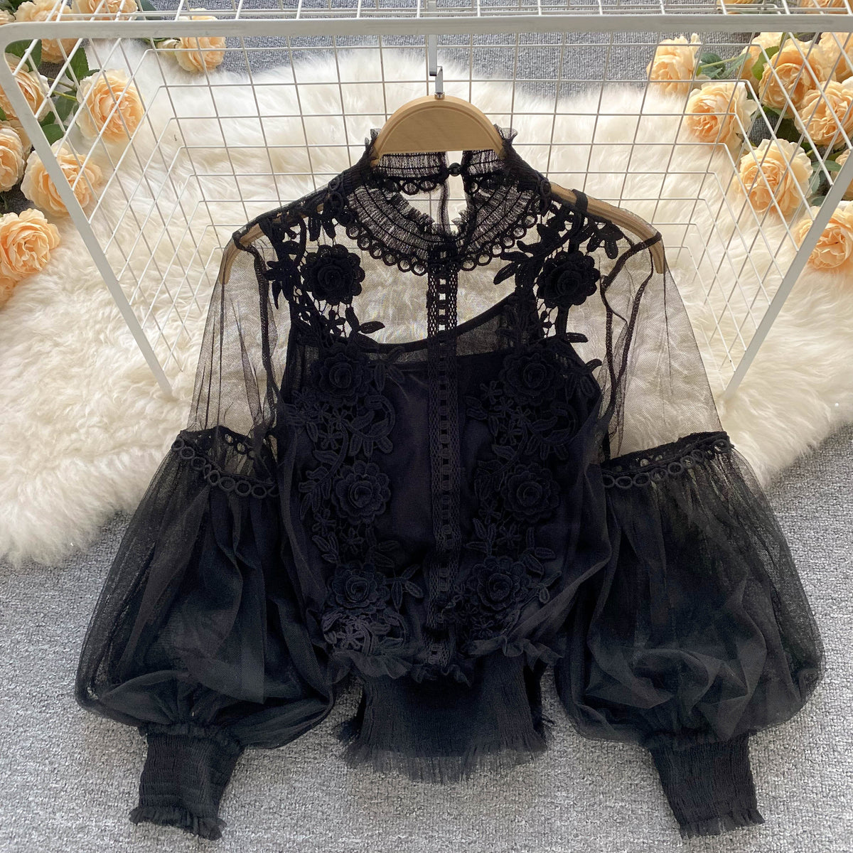 HOTOUCH Blouses for Women Black Lace Shirts with Cami Long Lantern