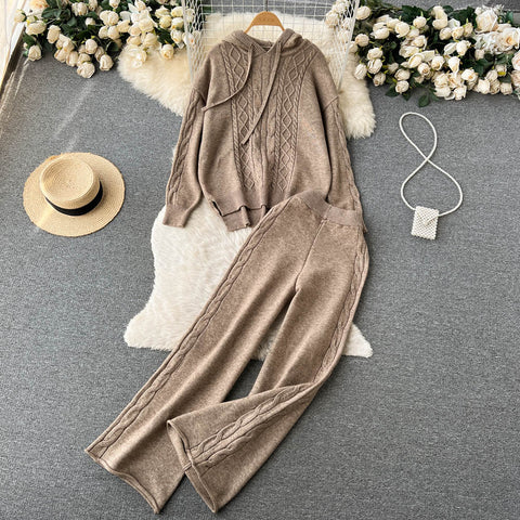 Drawstring Hooded Sweater&Wide-leg Trousers
