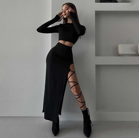 Short Top&Split Skirt Black 2Pcs