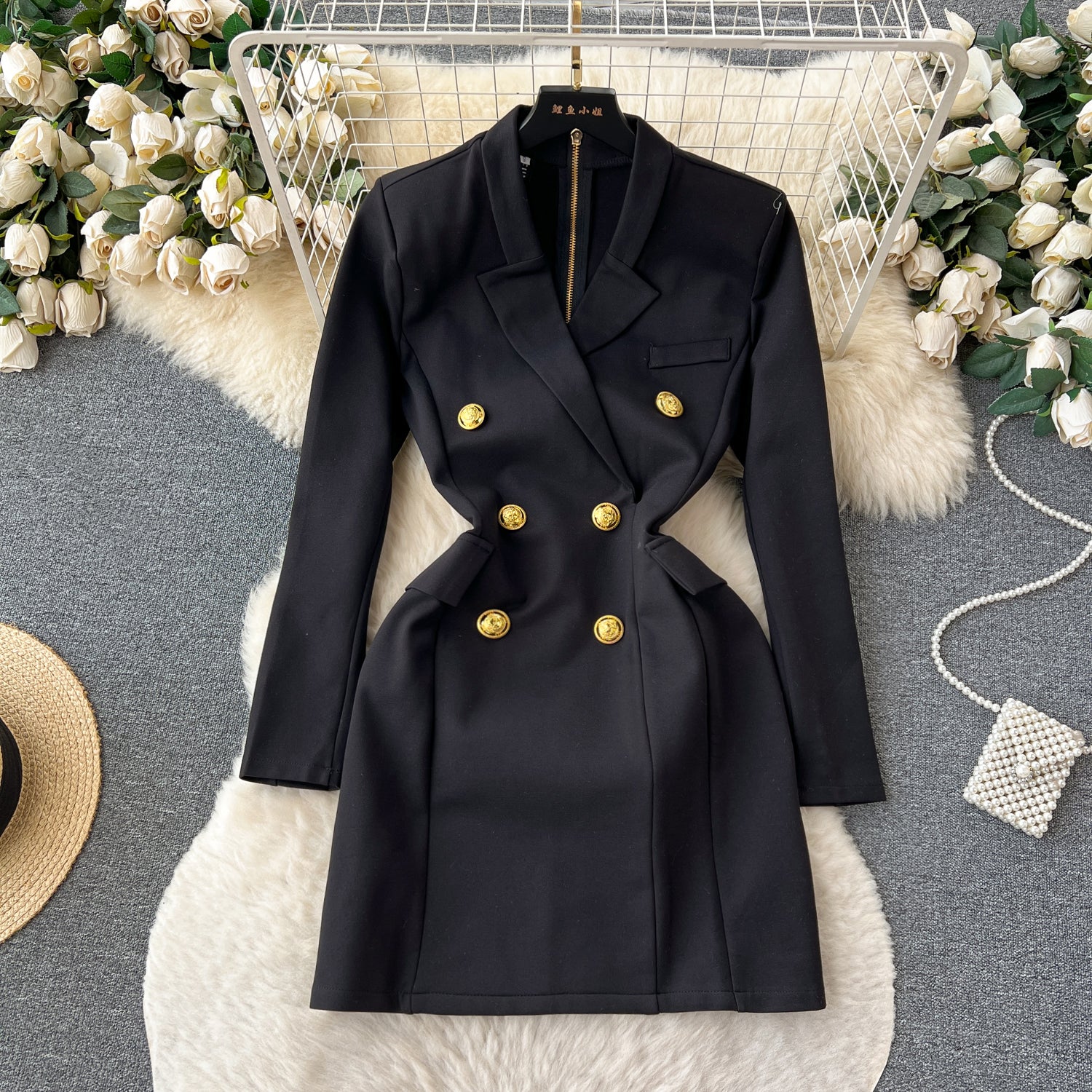 Black Double Breasted Suit Dress Irococo 9009