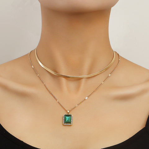 Imitation Gemstone Pendant Double-layer Necklace