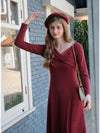 Twisted Neckline Wine Red Knitted Dress
