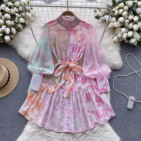 Courtly Lace-up Floral Printed Shirt Dress