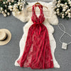 Hollowed Lace-up Red Halter Dress