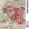 Diamond Check Embroidered Pink Cotton Socks
