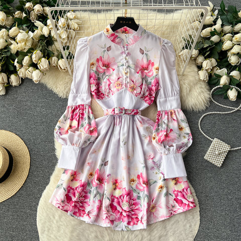 Courtly Stand Collar Floral Dress