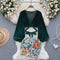 V-neck Black Top&Floral Skirt 2Pcs
