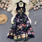 Vintage Lace-up Sleeveless Black Floral Dress