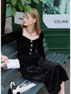 Square Neckline Jacquard Black Velvet Dress