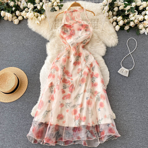 Fairy Rose Printed Halter Dress