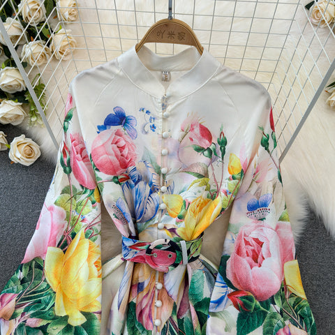 Courtly Single-breasted Floral Shirt Dress
