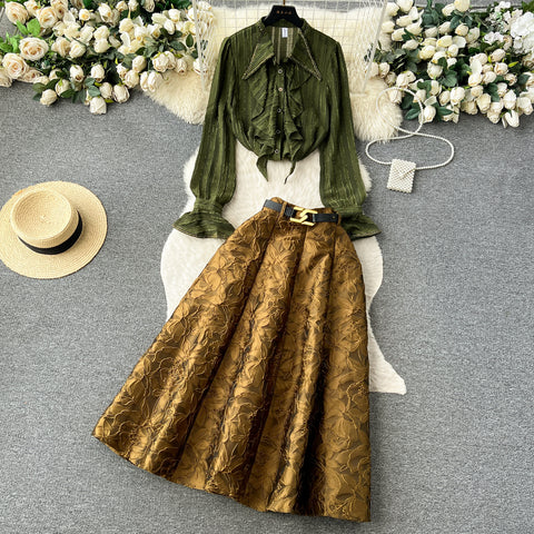 Elegant Chiffon Shirt&Jacquard Skirt 2Pcs