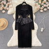 Courtly Rhinestone Studded Patchwork Black Dress
