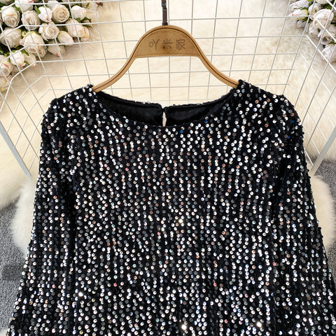Round Collar Backless Sequined Top