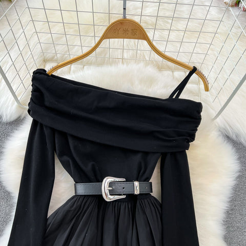Elegant Slant Collar Pleated Black Dress