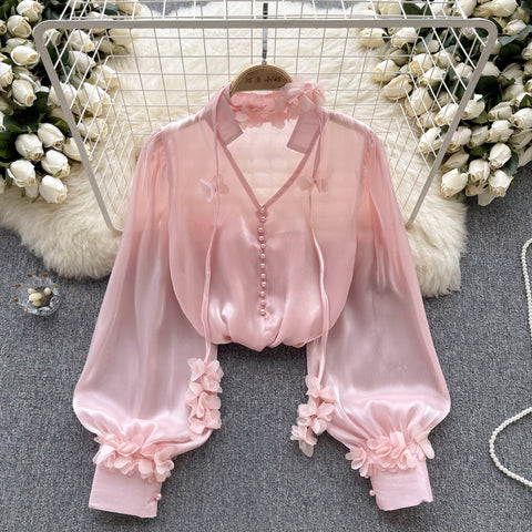 Courtly Mesh Satin Shirt with Ribbons