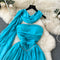 High-end Pleated Blue Dress with Ribbon