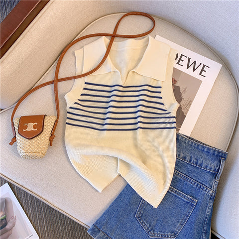 Lapeled Color-blocked Striped Knitted Top