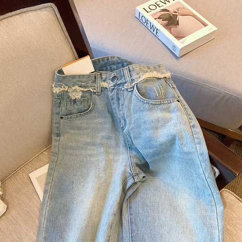 Raw-edge Ripped Straight Jeans