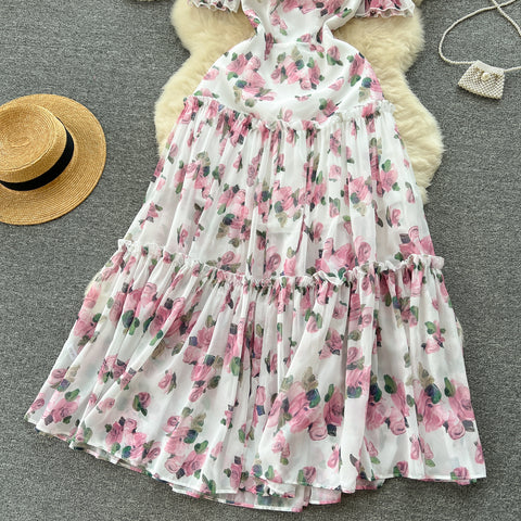 Square Collar Puff Sleeve Floral Dress