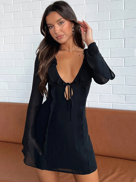 Lace-up Ruffled Long Sleeve Dress
