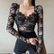 V-neck Jacquard Black Lace Top