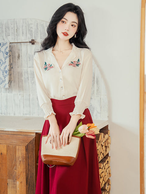 Embroidered Blouse&Red Skirt 2Pcs Set