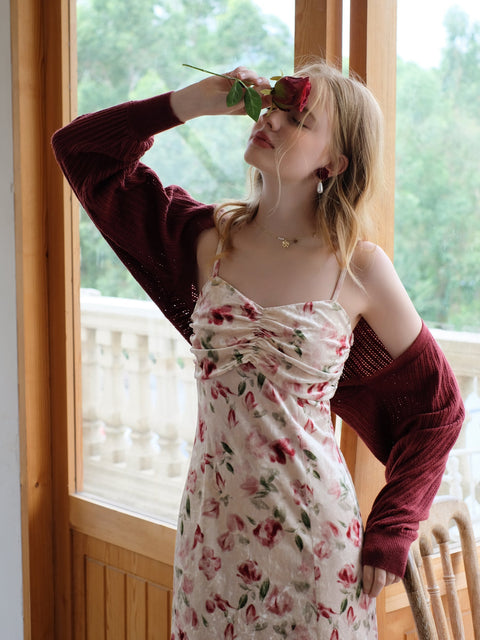 Floral Slip Dress&Knitted Cardigan 2Pcs
