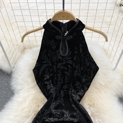 Hollowed Black Suede Cheongsam Dress