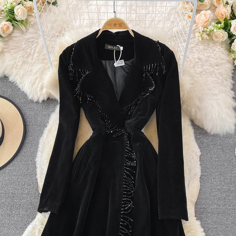 Puffy Sleeve Pleated Black Velvet Dress
