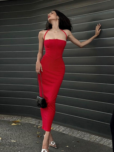 Ruffle Neckline Fishbone Halter Dress