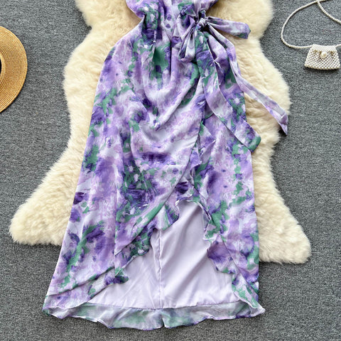 Lace-up Purple Floral Slip Dress