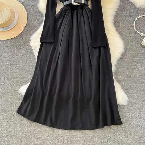 Elegant Slant Collar Pleated Black Dress